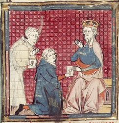 F.117r Küldöttek, akik a Grandes Chroniques de France-ból, 1375-79-ből mesélik Nagy Károlynak a szaracénok felett aratott győzelmet