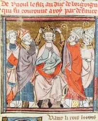 F.188r Raoul, Burgundia hercegének fia, Franciaország királyává koronázták a Grandes Chroniques de France-ból, 1375-79
