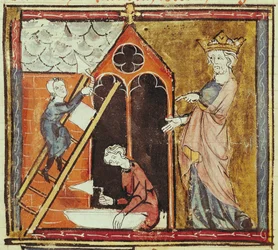 F.235v VI. Lajos király (1080-1137) Egy templom építését figyeli, a Grandes Chroniques de France-ból 1375-79