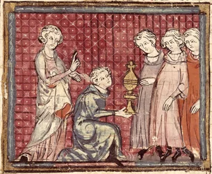 F.29r A királyság felosztása Clotaire I. halála miatt (497-561), a Grandes Chroniques de France 1375-79.