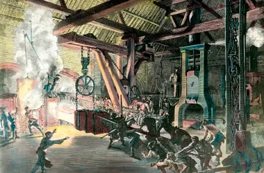 Gyár: „” Le hamteau drummer (kalapács-dobos) des forges du Creusot 1865-ben”” Metszet 1865 körül. Magángyűjtemény