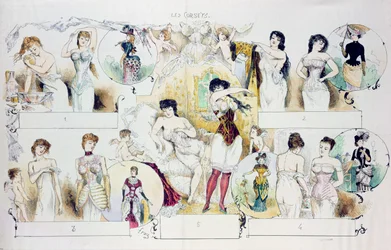 Fűzőket ábrázoló divattányér a La Vie Parisienne számára, 1870 körül (színes metszet)