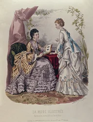 Divattábla, amelyen hölgyek láthatók Mme Breant-Castel által tervezett ruhákban, és fotóalbumokat nézegetnek, 1872