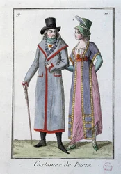 Divat a Directoroire alatt: pár elegáns párizsi. 1795. névtelen litográfiája. Párizs, jelmezmúzeum