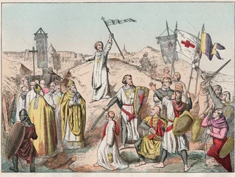 Első keresztes hadjárat: Jeruzsálem ostroma és elfoglalása a Godefroy (Godefroi) de Bouillon (1058-1100) által vezetett croisok által 1099-ben - Godfrey de Bouillon Jeruzsálem ostrománál - 19. század végi metszet „” Nosban Gires Nationales - Képek e