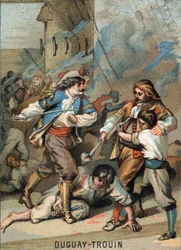 Rene Duguay Trouin (Duguay-Trouin) (Rene Trouin du Gue dit) (1673-1736) első bravúrja, francia tengerész: Duguay – Wassenaer, a Trouin harcos (1695). A „Hazafias nevelés képen keresztül” sorozat kromolitográfiája.