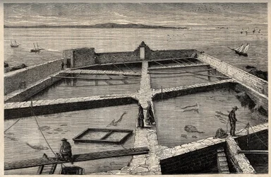 Haltenyésztés Concarneau-ban - Bretagne - Establishment de pisciculture - Concarneau - Finistere - Bretagne - "" PATRIE" vésés - FRANCIAORSZÁG KÉPES LEÍRÁSA 6 KÖTETÉSBEN LUCIEN HUARD - 19. század vége