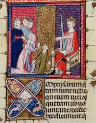 Fol.11v Egy gyermek és anyja bíró előtt, Justinianiból Fortiatumban