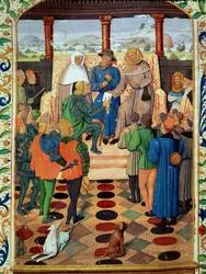 Fol.185v VII. Károly (1403-61) dokumentumot ad Jean de Bueil (1405-78) Le Jouvencelből Joan of Arc-nak (1412-31)