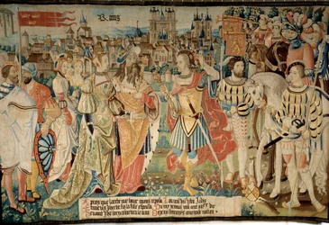 Reims város alapítása: Remus feleségül vette lányát Francus királyhoz, Hektór fiához. „A gallok mesés története” gobelin, amelyet az Arras műhely készítette