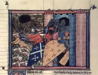 Fr 22495 fol.115r Lovas keresztesek, akik a szaracénok ellen harcolnak 1185 körül, a Le Roman de Godefroi de Bouillonból