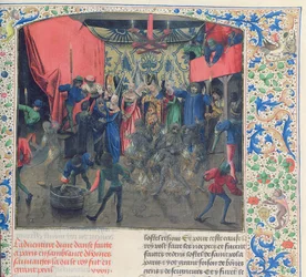 Fr 2646 f.176 Bal des Ardents, Károlyt Berry hercegné mentette meg, miután Orléans-i Lajos felgyújtotta a táncosok jelmezeit, 1392, a Froissarts Chronicle