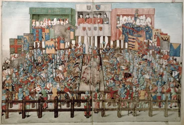 Fr 2692 f.62v-63r Rene király egy lovagi tornán elnököl, Livre des Tournois de Rene dAnjou-ból, 1488-89 körül
