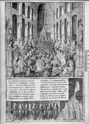 Fr 5594 fol.19 Hogyan prédikált II. Urbán pápa (1042-1099) a Szent Sír Templom visszafoglalásáról a Clermont-Ferrand-i Zsinatban, Sebastien Mamerot de So illusztrációja a Les Passages dOutre-Mer című művéből
