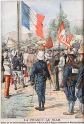Franciaország a sziámiak és a franciák között 1904-ben megkötött szerződés után átveszi Krat és Koh-Kong területét, illusztráció a „Le Petit Journal” 1905. februári könyvéből (metszet)