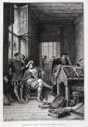 Francois 1st Robert Estienne stúdiójában - metszet
