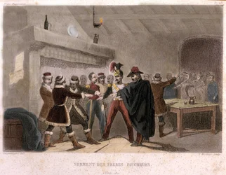 Szabadkőművesség: az arató testvérek esküje Potokban 1821-ben. Metszet F.-T. B. Clavel „Histoire pittoresque de la Franc-Maçonnerie et des Sociétés secrètes, anciennes et modernes” című művéből. Pagnerre, kiadó. 1843.