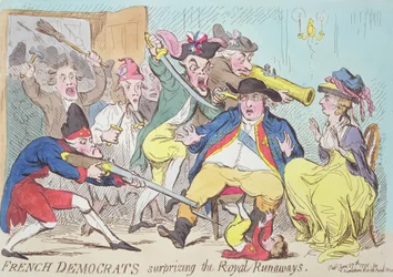 Francia demokraták meglepve a királyi szökevényeket, 1794 (színes metszet)