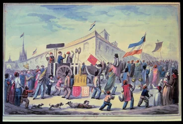 Francia forradalom: "" Vallásellenes maskarád 1793 novemberében"" Névtelen akvarell 1793-ból. Az Arzenál Párizsi Könyvtára