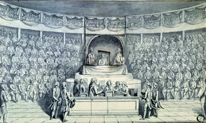 Francia forradalom: a kormánynál álló XVI. Lajos királyt (1754-1793) Antoine Barnave (1761-1793) kérdezi ki a Nemzeti Konvent előtti pere során, amely 21/01/1793 napján dönt halálos ítéletéről. Névtelen rajz 1793 körül. Párizs, Louvre Múzeum