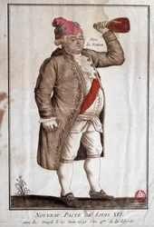 Francia forradalom: „XVI. Lajos új szövetsége a nemzettel (20/06/1792)”. Ismeretlen alkotó 18. századi metszete. Párizs, Arsenal Könyvtár.