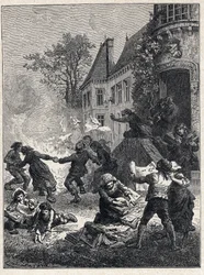 Francia forradalom: a parasztok elégették feodális címeiket és a tűz körül táncoltak, hogy megünnepeljék az 1789. augusztusi kiváltságok eltörlését. Metszet 1889-ből. Magángyűjtemény.