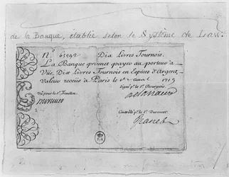 1719. április 1-jén kelt francia bankjegy tíz fontért a Law Banktól