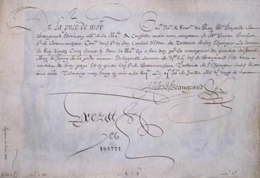 Francia kalligráfia: Recu Bernard de Beaugrand javára Delivre 1623. július 2-án. Párizs város történelmi könyvtára.