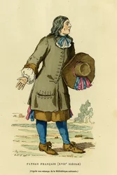 Francia parasztviselet a 18. században. Színes metszet a Nemzeti Könyvtár egyik nyomata után, Augustin Challamel „France et les Français à travers les siècles” című művében, kiadta F. Roy, Párizs, 1882. Selva-gyűjtemény.