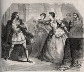 Gabrielle de Vergy vitatja vőlegényét, Eudes de Fayelt, aki féltékeny az unokatestvérével, Albert de Nozereau-val ápolt barátságra. Egy 12. századi legenda jelenete. Metszet 1871-ből Henry de Kock (1819-1892) „Histoire Des Cocus Celebres” c.