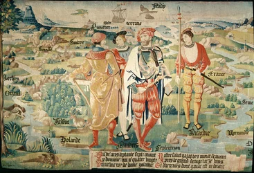 Galathes, a gallok 11. királya Gallia térképével a háta mögött, részlet a gall királyok történetét bemutató faliszőnyegről, Arras Workshop, 1530 körül