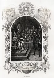 Galilea (vagy Galileo Galilei (1564-1642)) a vatikáni szent hivatal előtt”” A csillagászt az Inkvizíciós Törvényszék 1632-ben ítélte el. Maurice Lachatre (1814-1900) metszet a Pápák történetét szemléltetve, librairie du progress, Párizs.