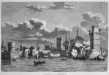 Rodosz általános képe, Szíriából ma. Utazások Föníciában, Libanonban és Júdeában. Louis Charles Emile Lortet 1875-1880, 1884 (bw metszet)