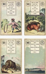 A Lenormand francia kartondoboz német kiadása: A gyermek, a róka, a medve, a csillag, kiadó: Dondorf, Frankfurt, 19. század