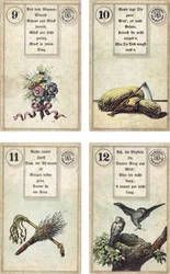 A Lenormand francia kartondoboz német kiadása: A virágok, a kasza, a nyírfabot, a korbács, a madarak, kiadó: Dondorf, Frankfurt, 19. század