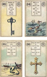 A Lenormand francia kartondoboz német kiadása: A kulcs, a hal, a horgony, a kereszt, kiadó: Dondorf, Frankfurt, 19. század