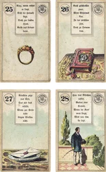 A francia Lenormand jóskártyapakli német kiadása: A gyűrű, A könyv, A levél, Az úr, kiadta Dondorf, Frankfurt, 19. század