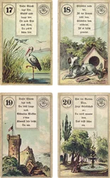 A francia Lenormand jóskártyapakli német kiadása: A gólya, A kutya, A torony, A kert, kiadta Dondorf, Frankfurt, 19. század
