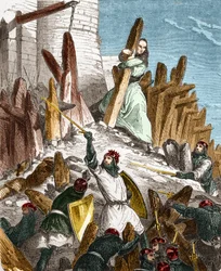 Geurre Hugues du Puiset ellen, Louis le Gros: A Chateau du Puiset (Eure-et-Loir megyében található) támadása LOUIS VI le Gros francia király erői által 1118-ban. Metszet a „Histoire De France En”-ben Paul Lehugeur száz festménye