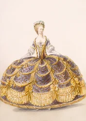 Udvari bemutatásra alkalmas ruha, Galeries des Modes et Costumes Francais tányérja, 1778-87 99:ruha; tradicionális öltözet; népviselet; divat; ábra;