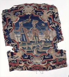 Gros point és petit point üléshuzat három kelet-európai figurával és madárral, 18. század közepe (részlet)