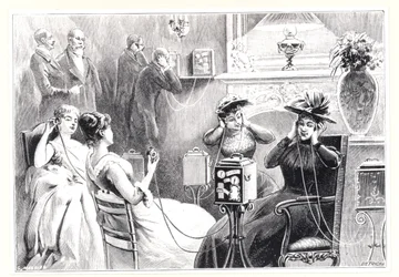 Vendégek egy párizsi szállodában, akik opera- vagy színházi előadások közvetlen közvetítését hallgatják Marinovich és Szarvas Theatrophone-ján, az 1892-ben megjelent La Nature-ből