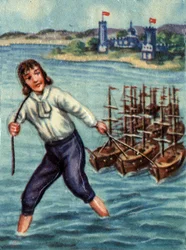 Gulliver ellenséges hajókat lő ki Lilliput kikötője felé. Illusztráció Jonathan Swift (1667-1745) „Gulliver utazása” című történetéhez.