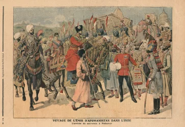 Habibullah Kahn (1872-1919) afgán emír megérkezik az indiai Pesavarba, illusztráció a "Le Petit Journal" képmellékletéből, 1907. január 20-i szám.
