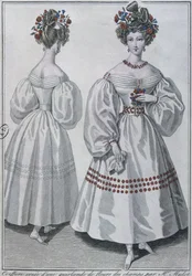 Frizura vadvirágfüzérrel, Párizs, 1829 (színes metszet)