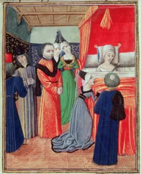 Harl 4380 f.22 Anna cseh királynő, II. Richárd feleségének pestis okozta halála, Froissart krónikája IV. kötetéből (vellum)