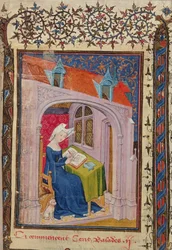 Harl 4431 f.4 Christine de Pisan az íróasztalánál ír, "Christine de Pisan műveiből", párizsi példány, 1410-1515 körül (vellum)