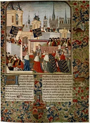 Harley 4379 f.3 Izabella királynő, II. Edward (1284-1327) elhidegült hitvese Párizsba 1325-ben, Jean Froissart (kb. 1333-kb. 1404) kivégezte Philippe de Comines (1445-1509) történész számára ( pergamen)