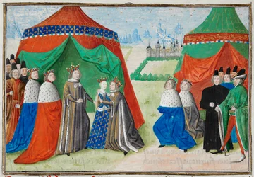 Harley 4380, fol.89 II. Richard találkozik gyermek menyasszonyával, a francia Isabellel a Froissart Chronicles-ból