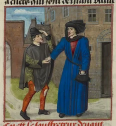 Harley 4425 f.47v Részlet egy miniatűrről egy szenvedőről, akinek pénzt adott igaz barátja, Roman de la Rose, 1490-1500 körül (vellum)